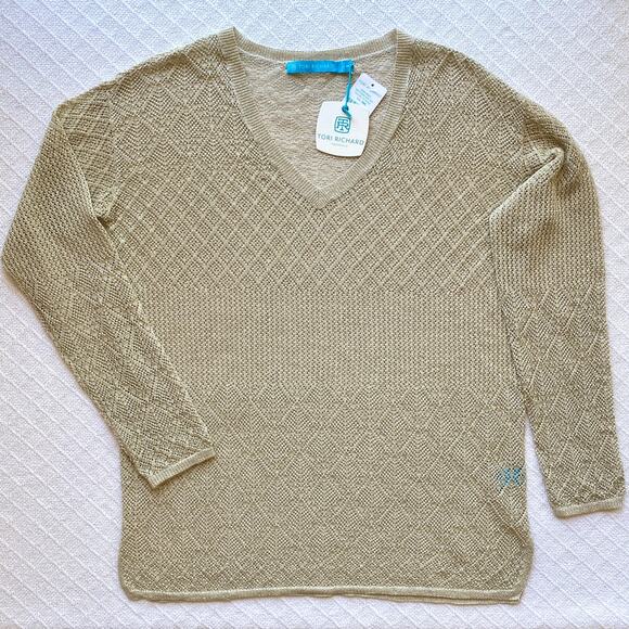 Tori Richard Metallic Gold Linen Blend Open Knit Tunic Sweater Small NWT - Picture 5 of 8